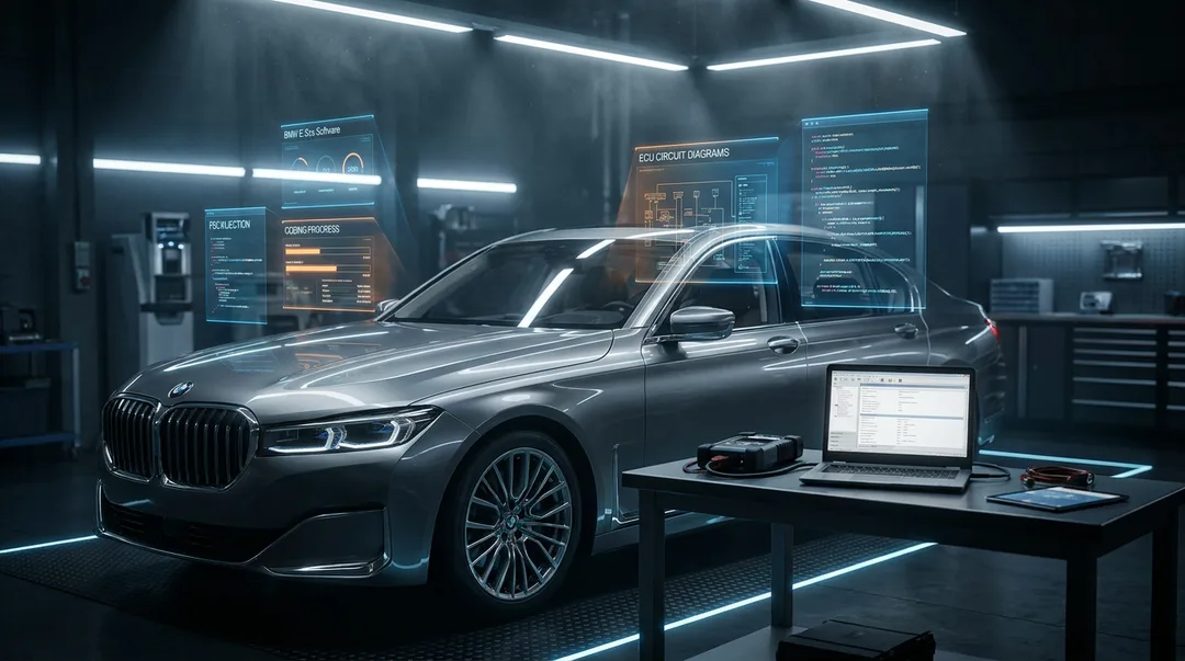 Ultra-realistic 3D render of BMW G-Series in high-tech workshop with holographic E-Sys, FSC injection and coding interfaces for Advanced Programming Course