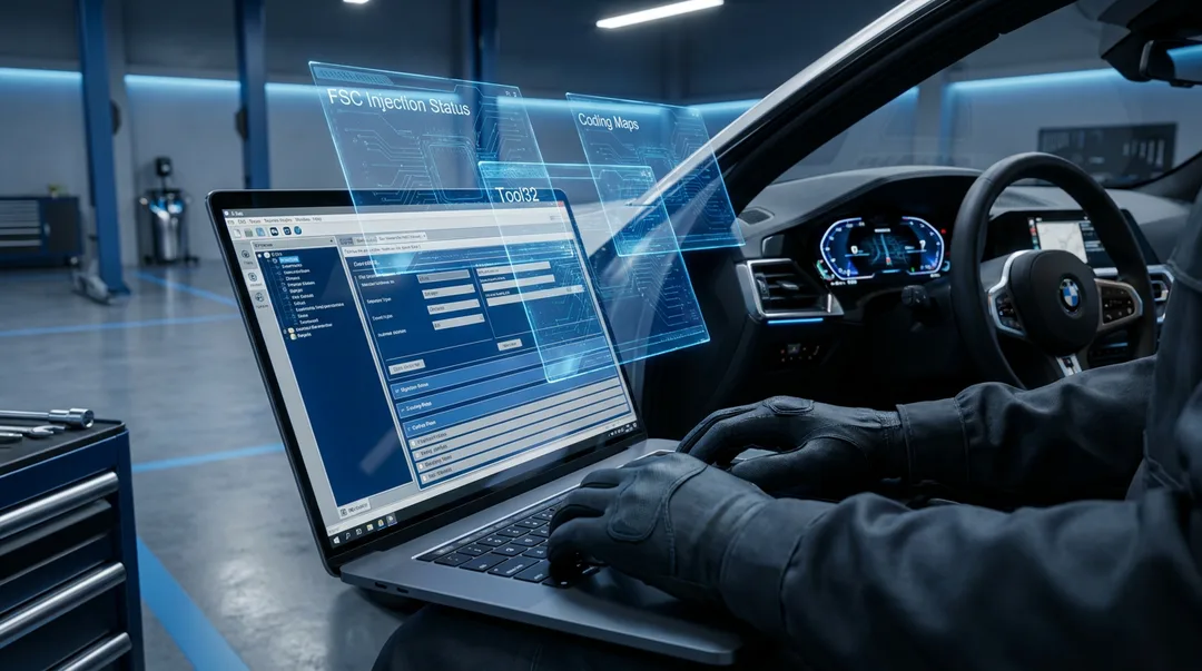 Close-up of technician hands performing advanced BMW G-Series coding on E-Sys with floating holographic FSC, Tool32 and live data overlays