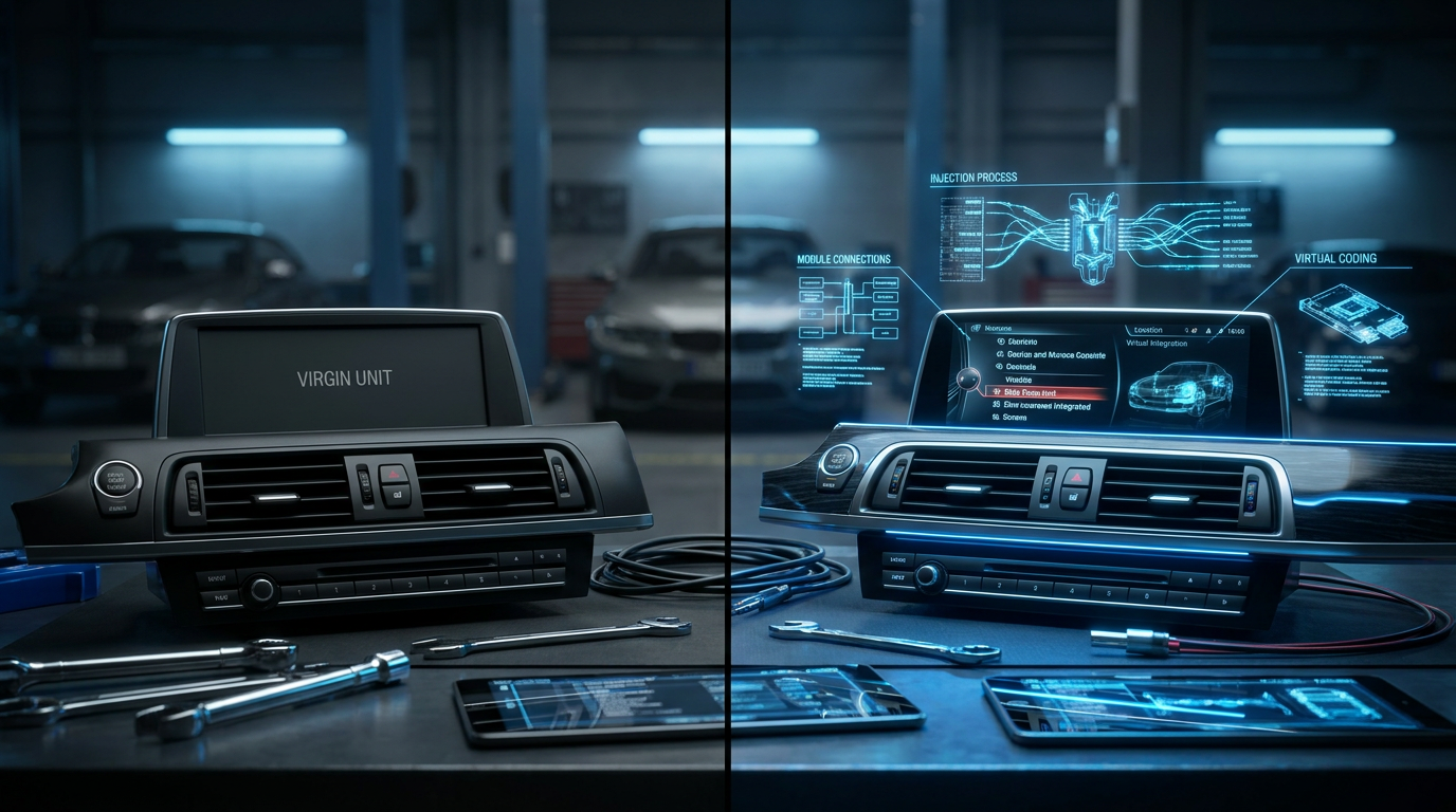 Dramatic split-view 3D render of BMW F & G-Series iDrive system from virgin unit to fully activated with holographic FSC injection and virtual coding